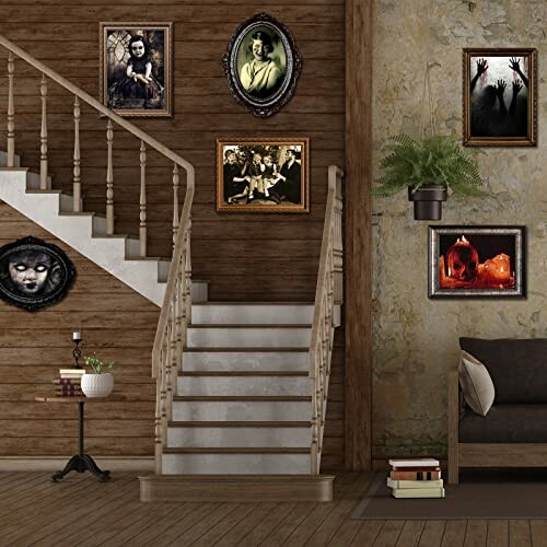 Staircase with eerie framed pictures and rustic decor.