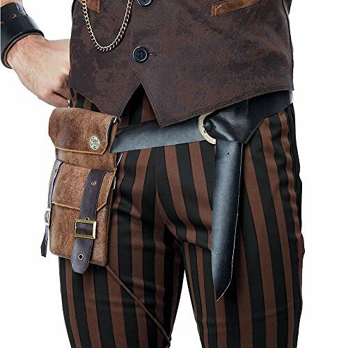 Person wearing a brown steampunk outfit with striped pants and a belt with pouches.