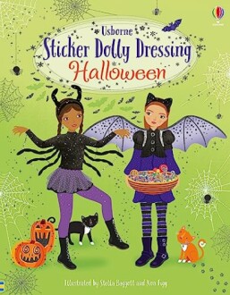 Cover of 'Sticker Dolly Dressing Halloween' book with two dressed-up characters and Halloween elements.