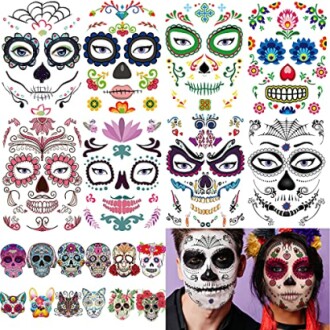 Various colorful sugar skull face paint designs with two people wearing skull makeup.