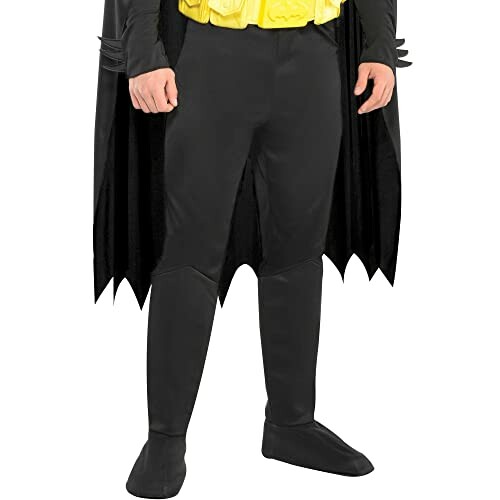 Person wearing a black superhero costume with yellow accents