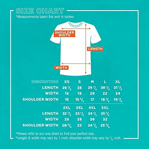 T-shirt size chart with measurements for XS to 5XL.