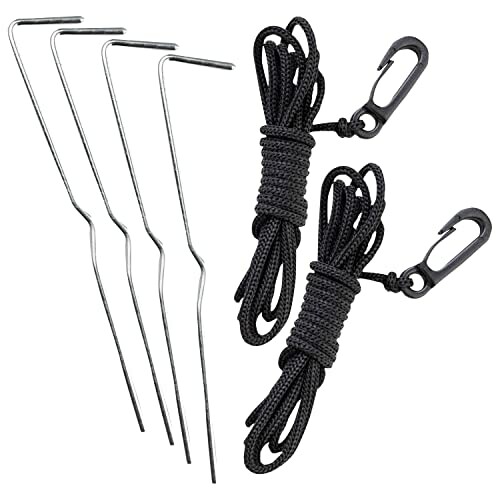 Set of tent stakes and cords with hooks.