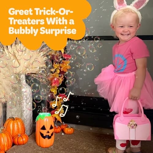 Smiling toddler in Halloween costume with bubbles.