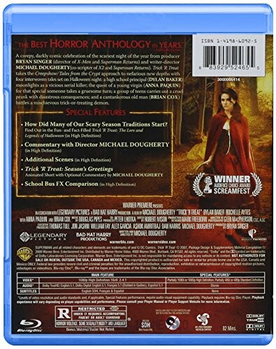 Back cover of Trick 'r Treat Blu-ray featuring horror anthology information and special features.