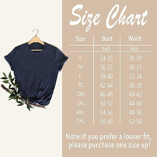 T-shirt size chart with size, bust, and waist measurements.