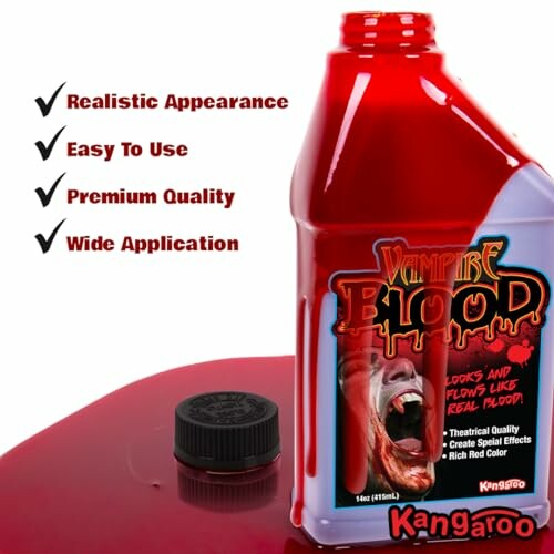 Bottle of Vampire Blood fake blood with features listed.