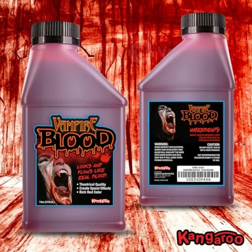 Two bottles of theatrical vampire blood against a blood-splattered background.