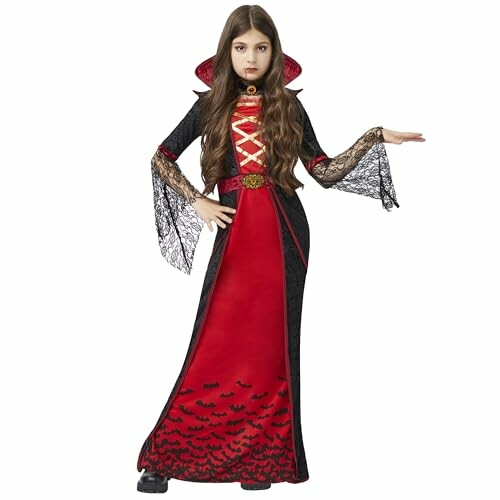 Girl in a red and black vampire costume with lace sleeves