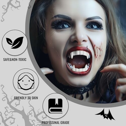 Woman with vampire fangs and makeup, safe and non-toxic, friendly to skin, professional grade.