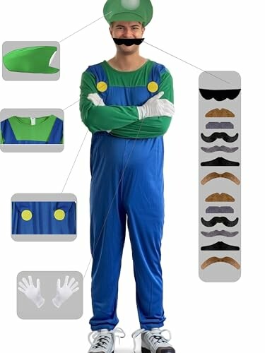 Person wearing a video game character costume with green hat, blue overalls, and fake mustache.