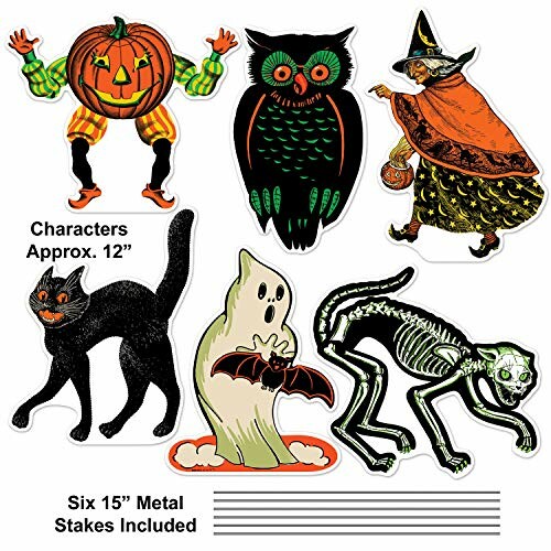 Vintage Halloween cutouts with pumpkin head man, owl, witch, black cat, ghost, and skeleton.