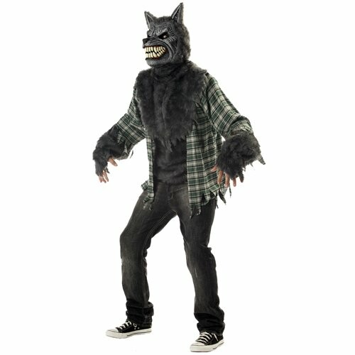 Person wearing a werewolf costume with a plaid shirt.