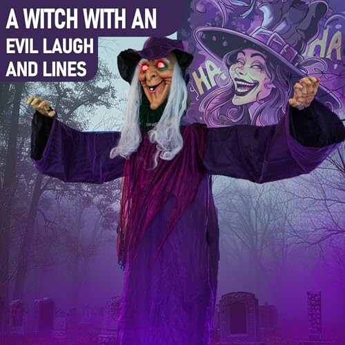 Halloween witch decoration with glowing eyes in purple robe.