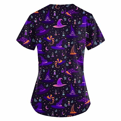 T-shirt with witch-themed purple and orange designs