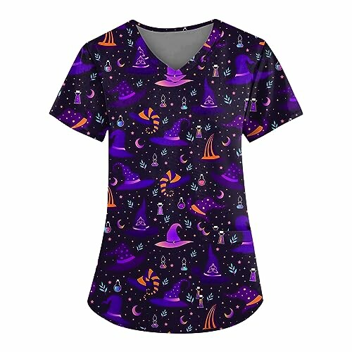 Purple and orange witch-themed t-shirt with hats and stars