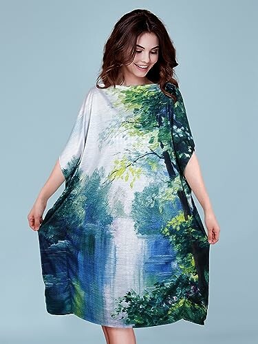 Woman wearing a dress with a forest print design