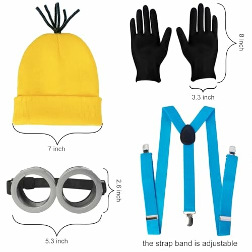 Yellow hat, black gloves, goggles, and blue suspenders with measurements.