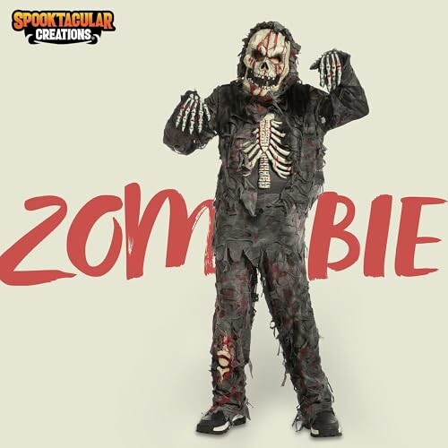 Person in a detailed zombie costume with skeleton design